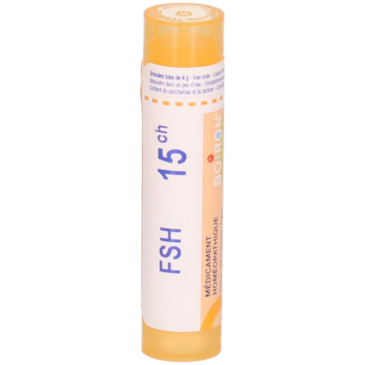 Tube orange avec étiquette blanche et orange, FSH 15ch, BOIRON.