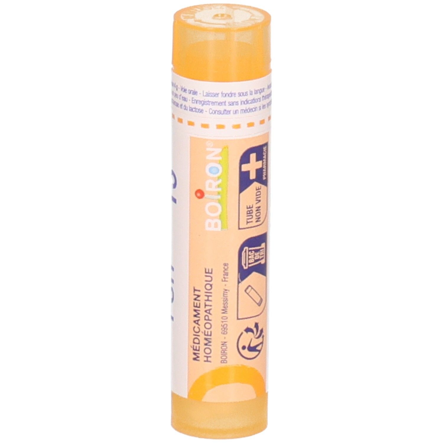Tube orange avec étiquette, BOIRON, FSH 15ch, avec symboles pharmaceutiques.