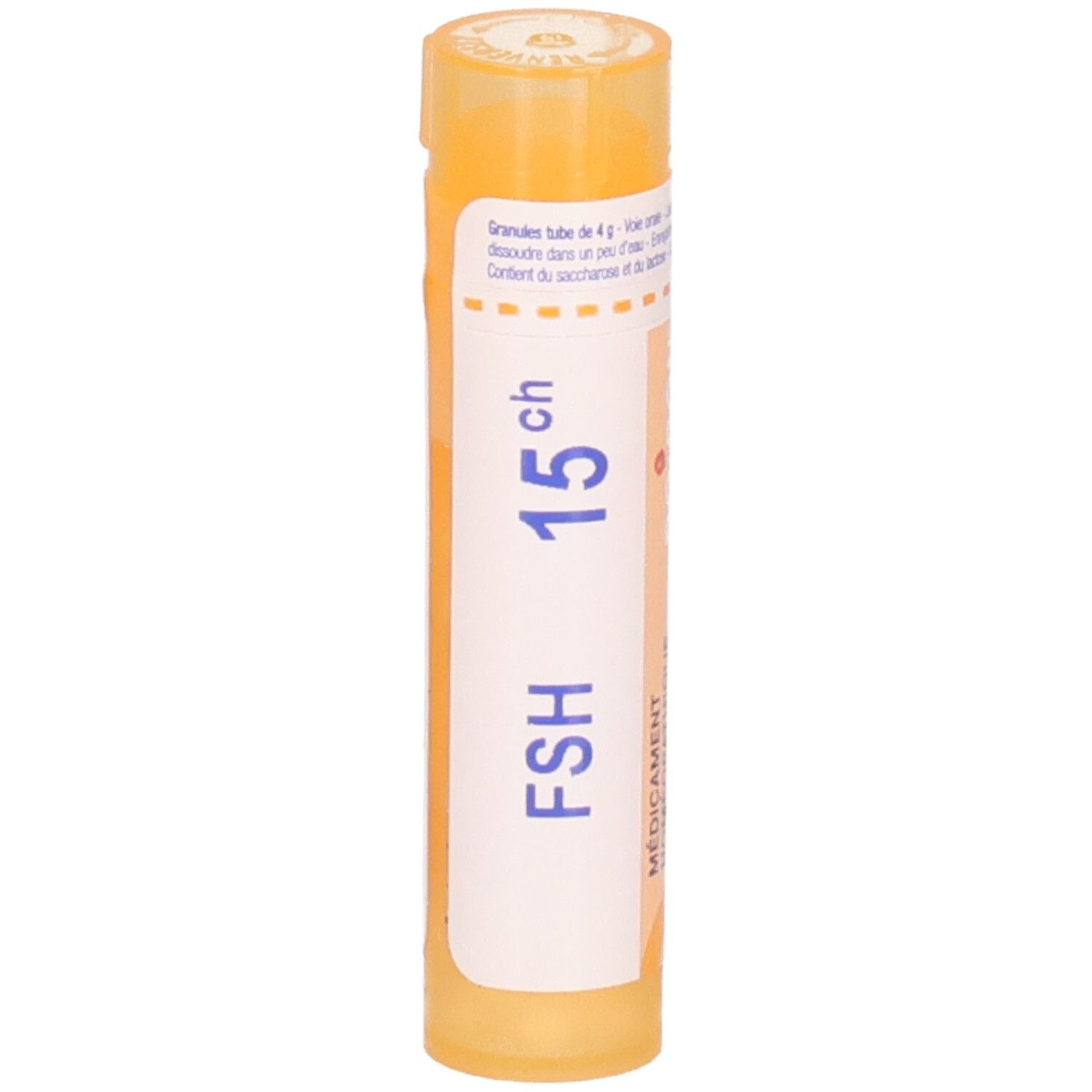 Tube orange avec étiquette blanche et orange, FSH 15ch, BOIRON.