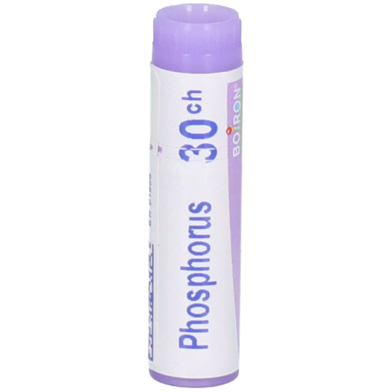 Tube de globules Boiron Phosphorus 30 CH avec bouchon violet.