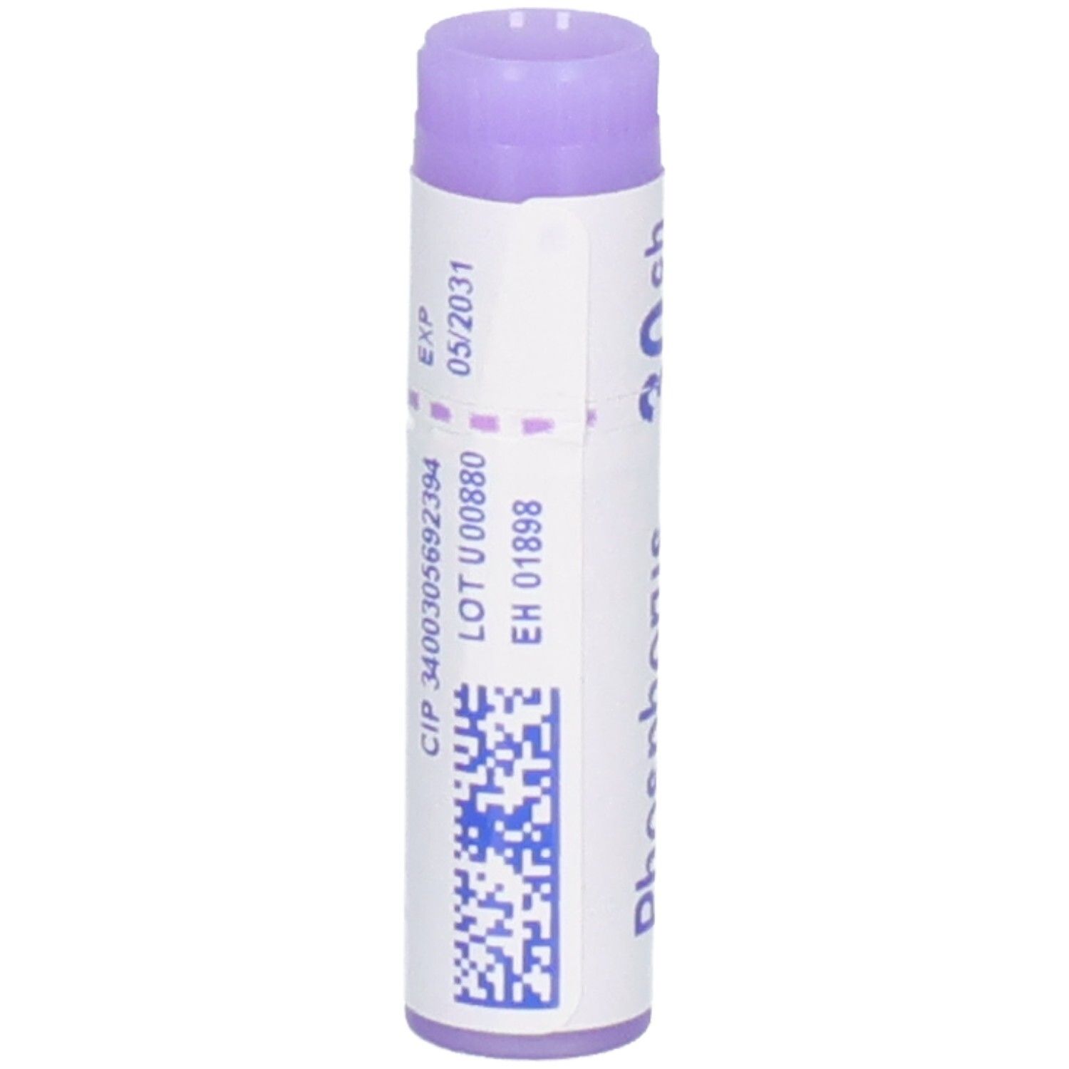Arrière d'un tube de globules Boiron Phosphorus 30 CH avec LOT et date d'expiration.