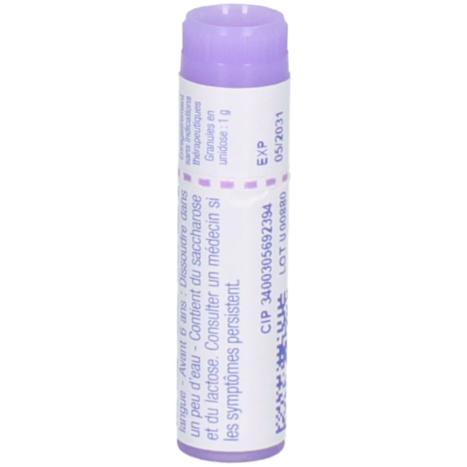 Arrière d'un tube de globules Boiron Phosphorus 30 CH avec instructions d'utilisation.
