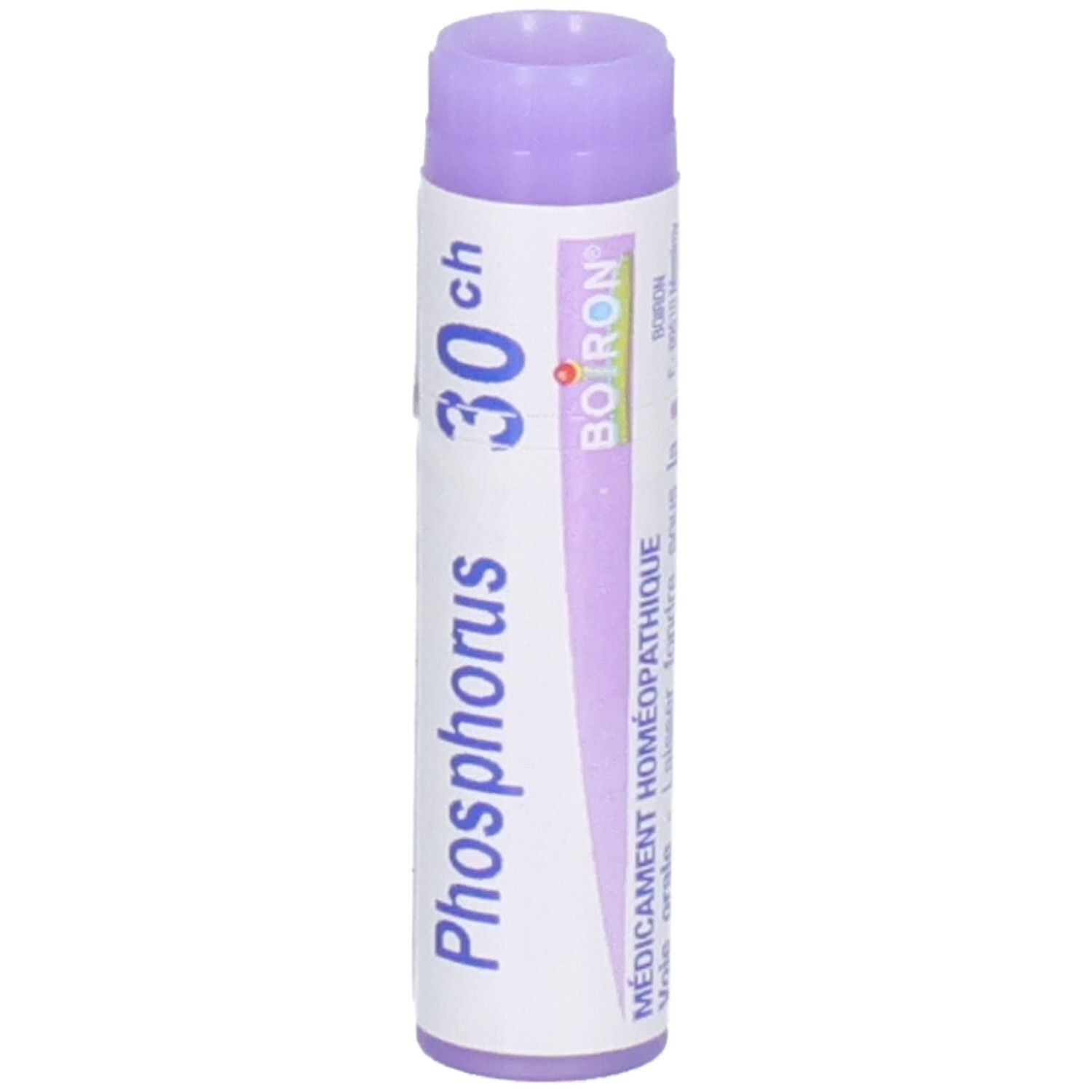Tube de globules Boiron Phosphorus 30 CH, étiquetage français.