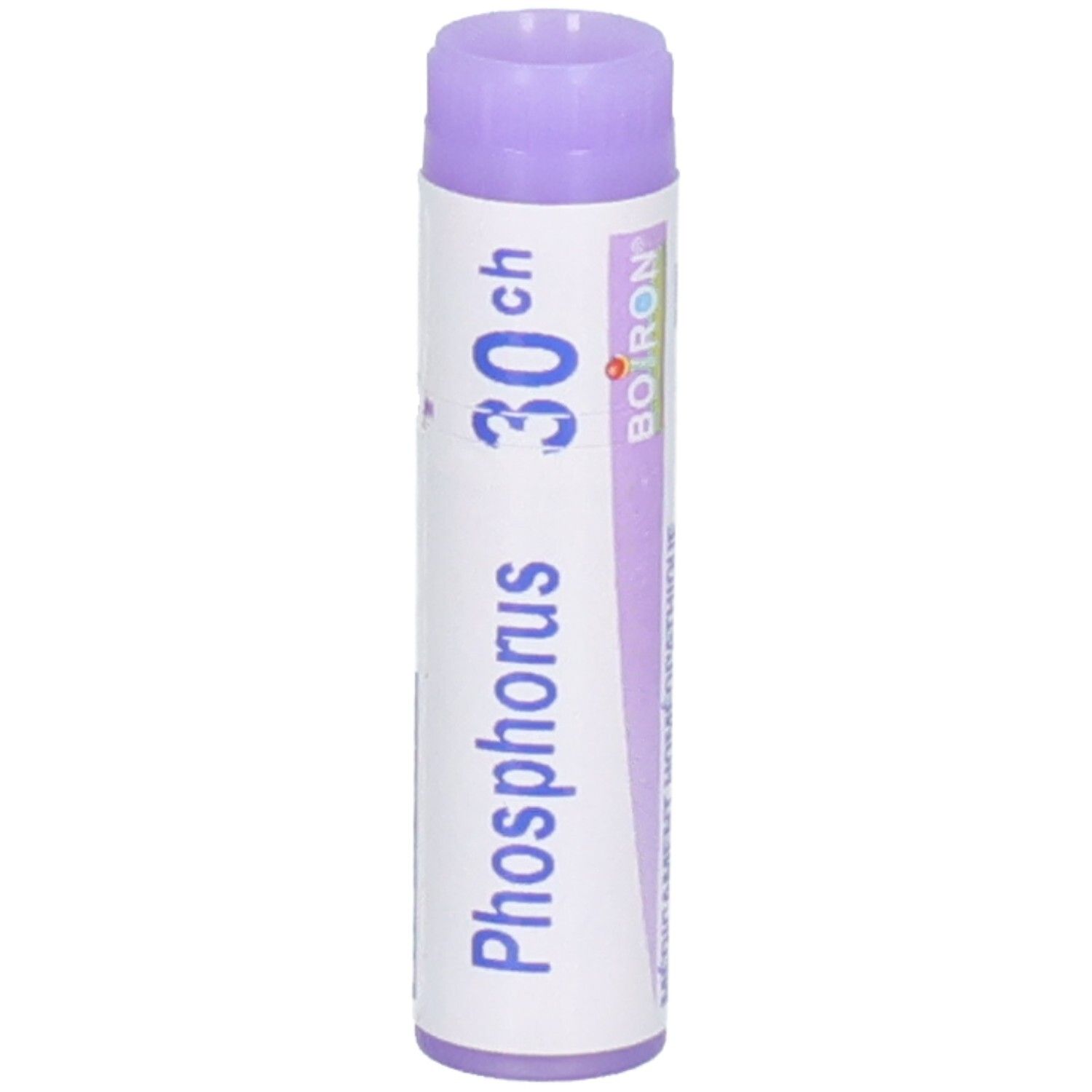 Tube de globules Boiron Phosphorus 30 CH avec bouchon violet et étiquette.