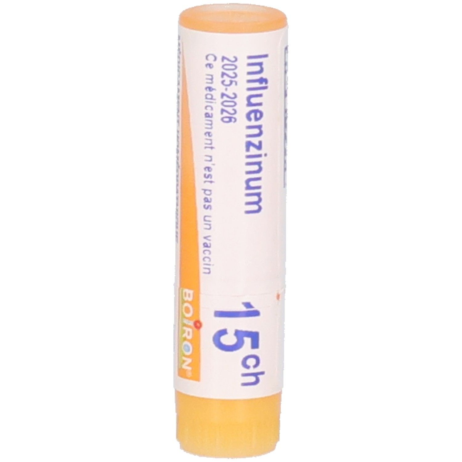 Dose cylindrique INFLUENZINUM BOIRON 15 CH. Bouchon et base orange. Inscriptions blanches.