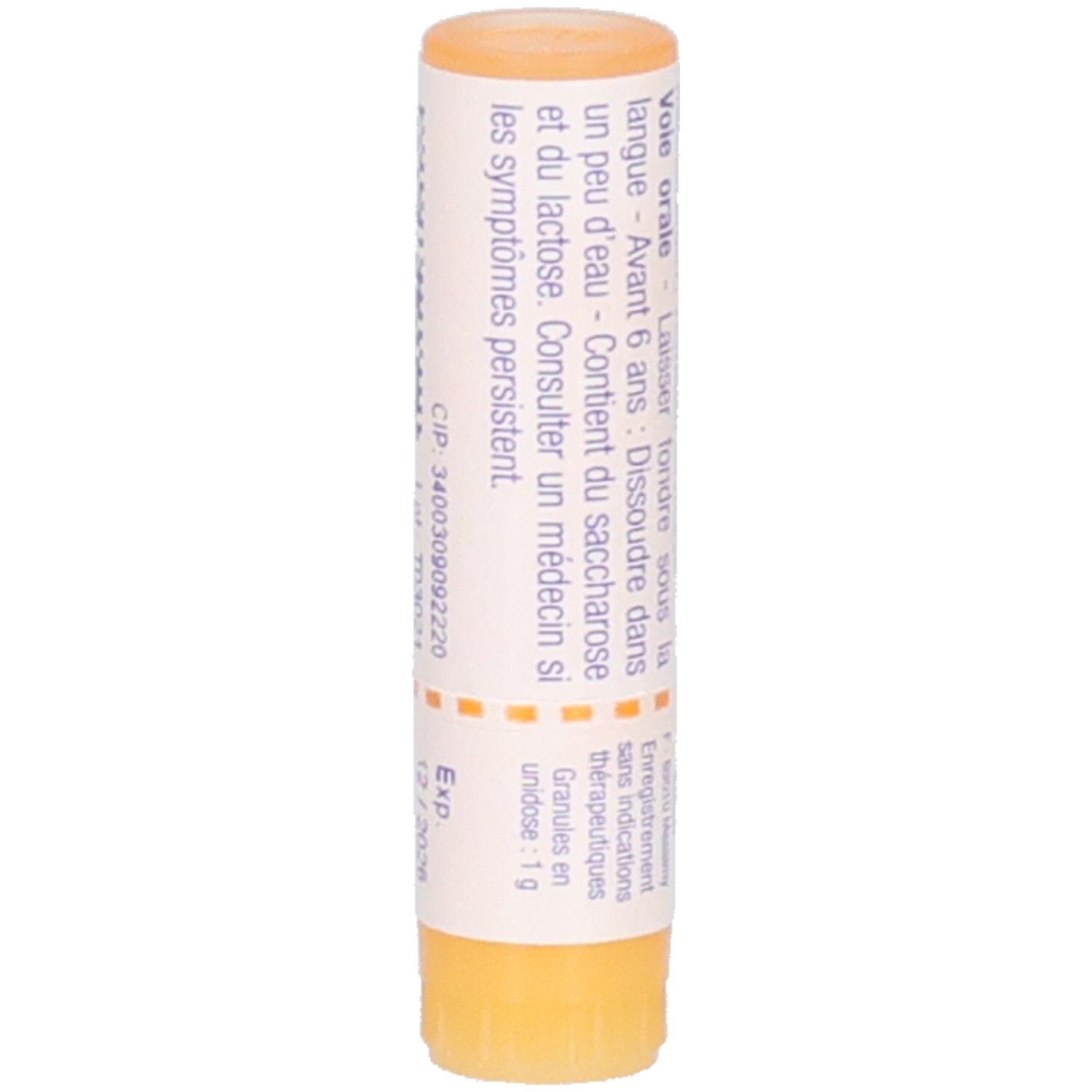 Tube cylindrique avec inscriptions. Bouchon et base orange. Texte: Voie orale. Contenu: 1 g.