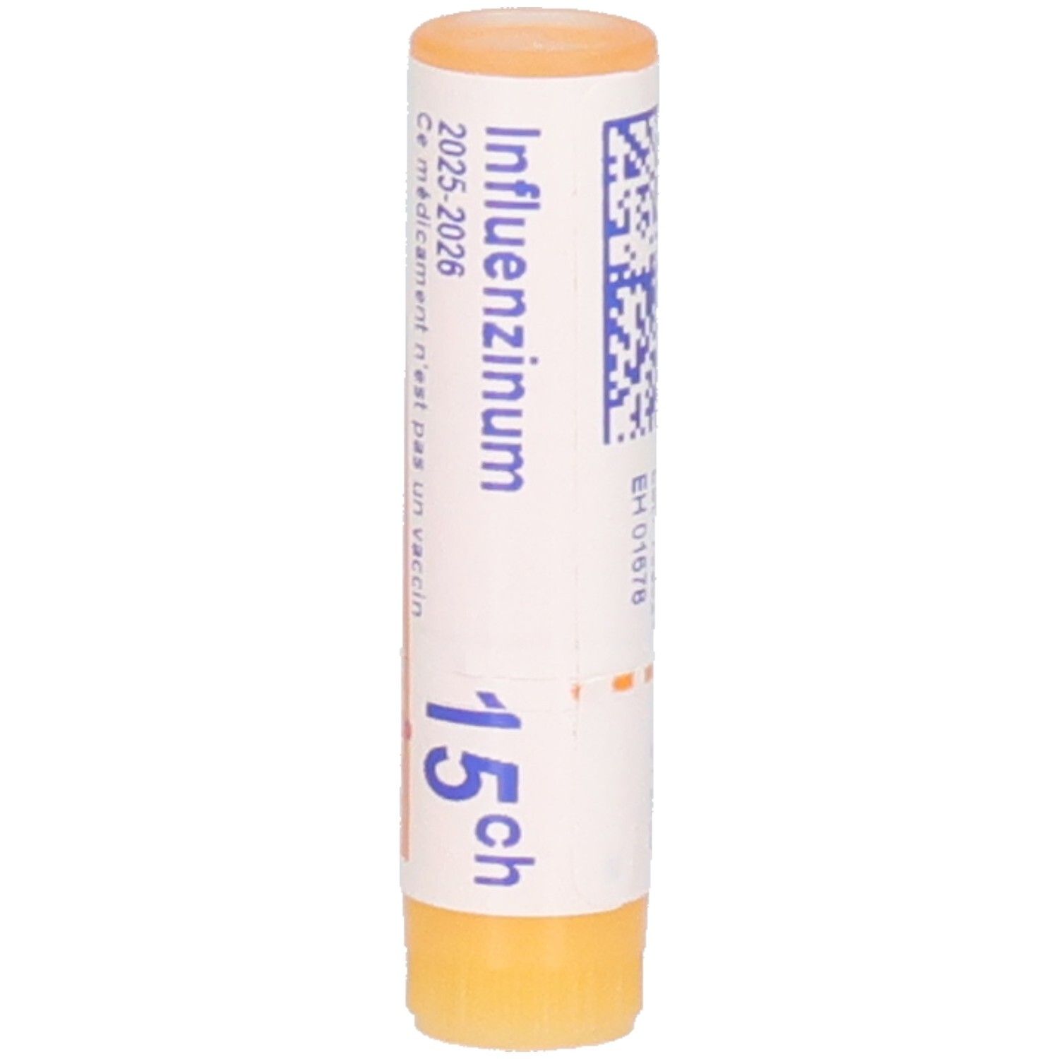 Tube cylindrique INFLUENZINUM 15 CH. Bouchon et base orange. Code QR et inscriptions blanches.