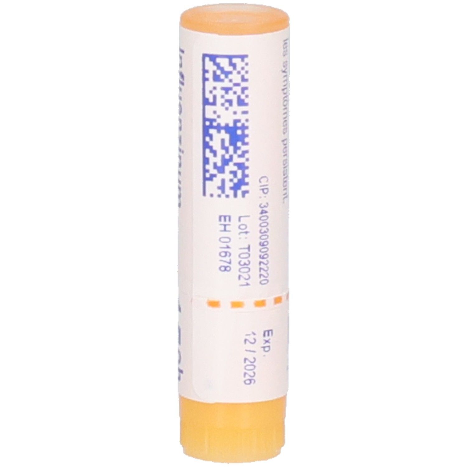 Tube cylindrique avec inscriptions et code QR. Bouchon et base orange. Date de péremption 12/2026.