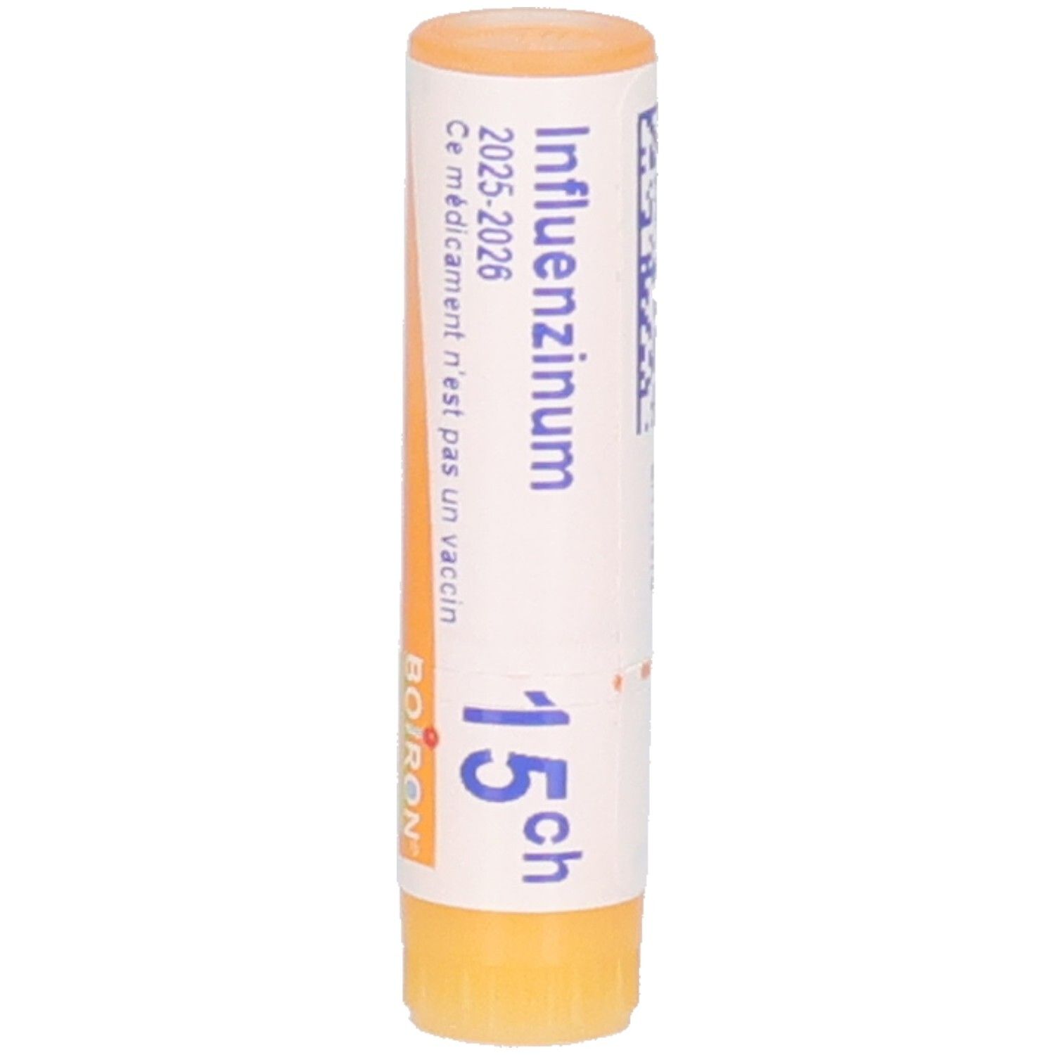 Tube cylindrique INFLUENZINUM BOIRON 15 CH. Bouchon et base orange. Inscriptions blanches.