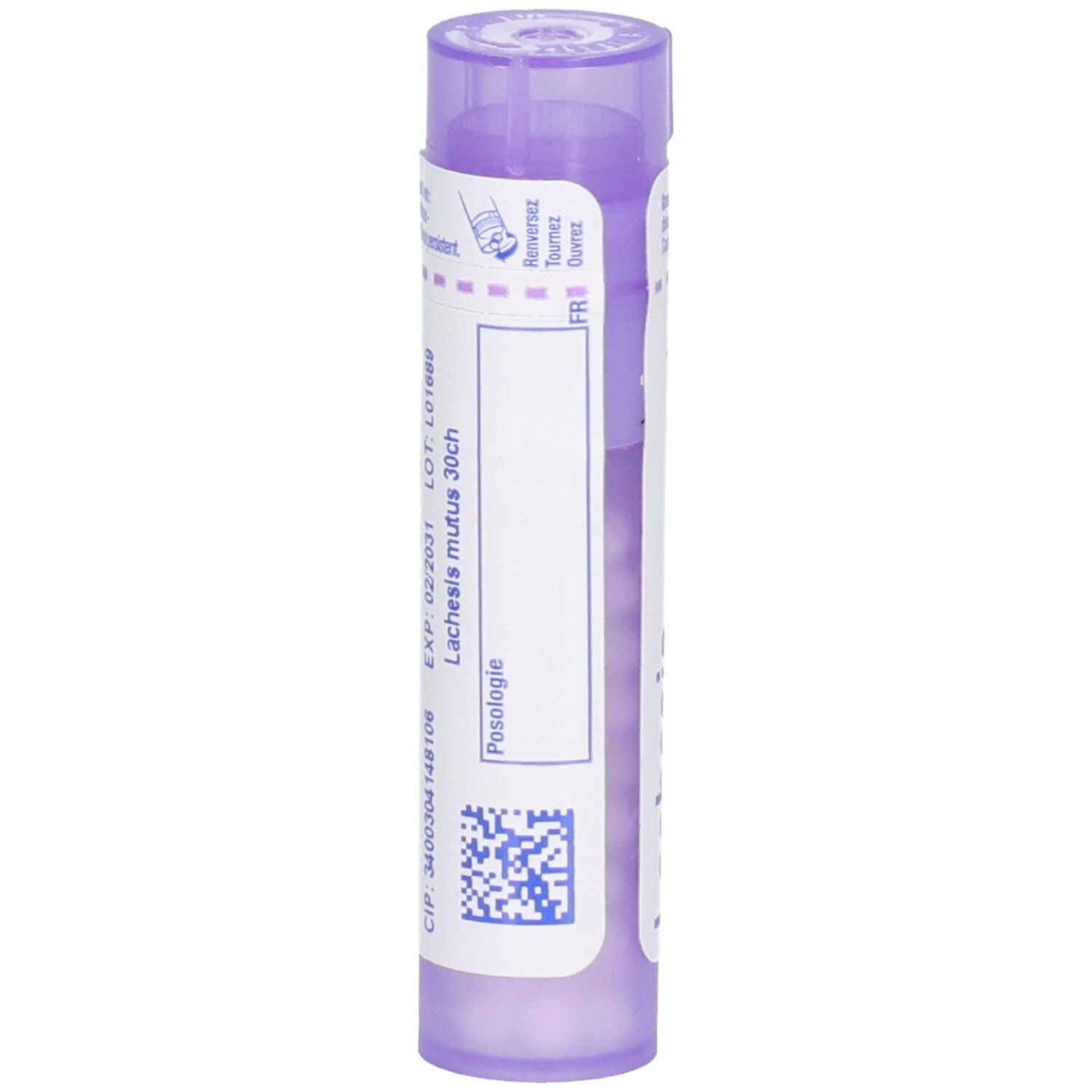 Arrière d'un tube de granules Lachesis mutus 30CH avec date d'expiration et numéro de lot.