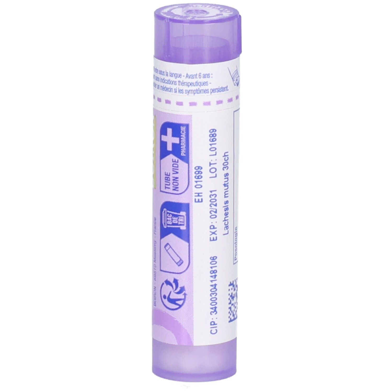 Vue latérale d'un tube de granules Lachesis mutus 30CH avec instructions d'utilisation.