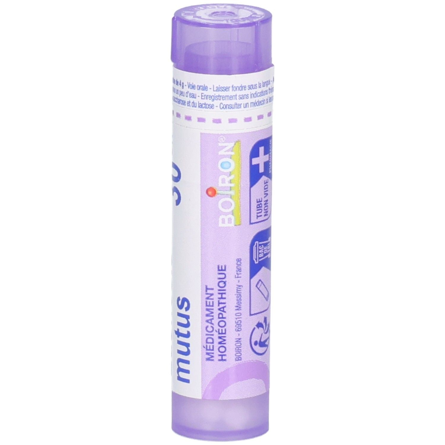 Tube de granules Lachesis mutus 30CH, violet, avec logo Boiron et symbole homéopathique.