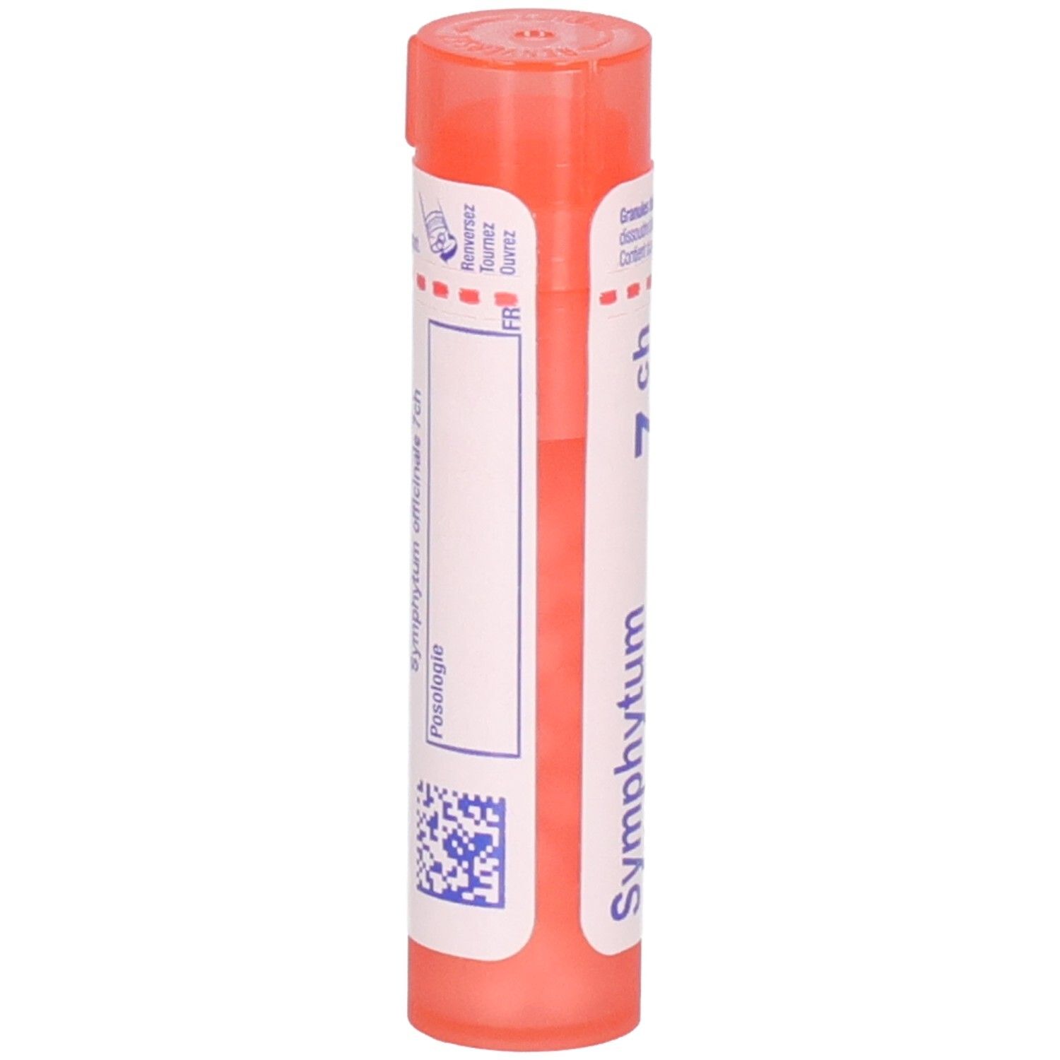 Tube orange de granules, verso avec étiquette et code-barres.