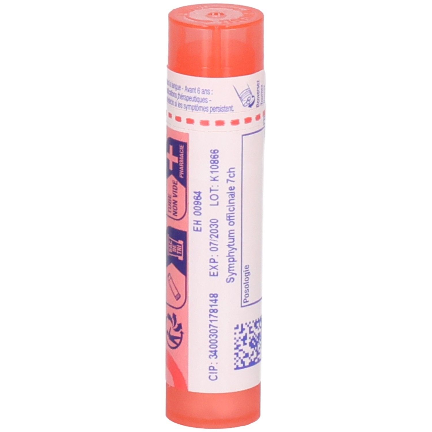 Tube orange de granules, verso avec date d'expiration et numéro de lot.