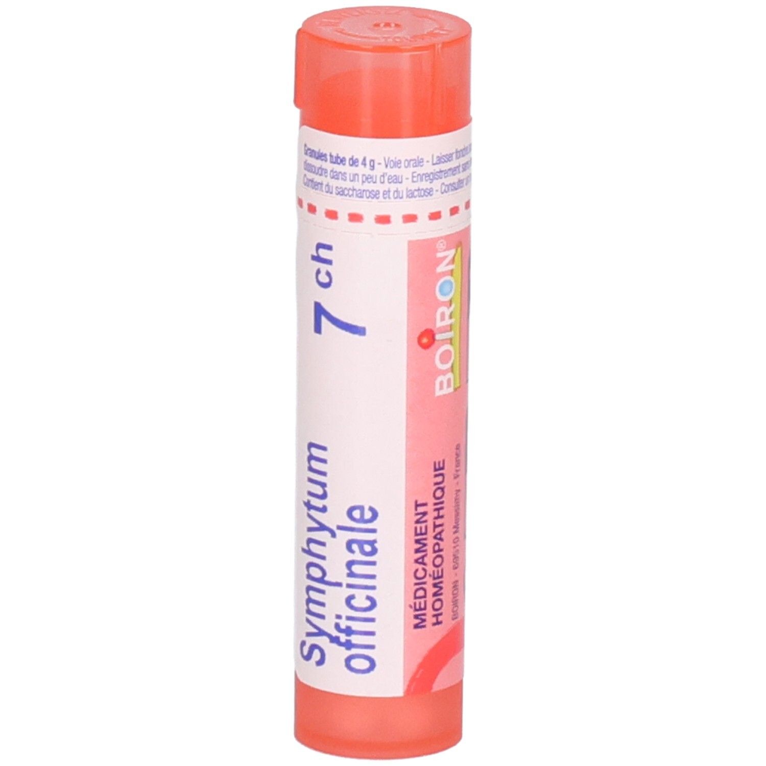 Tube orange de granules, étiquette : Boiron, Symphytum officinale 7 ch.