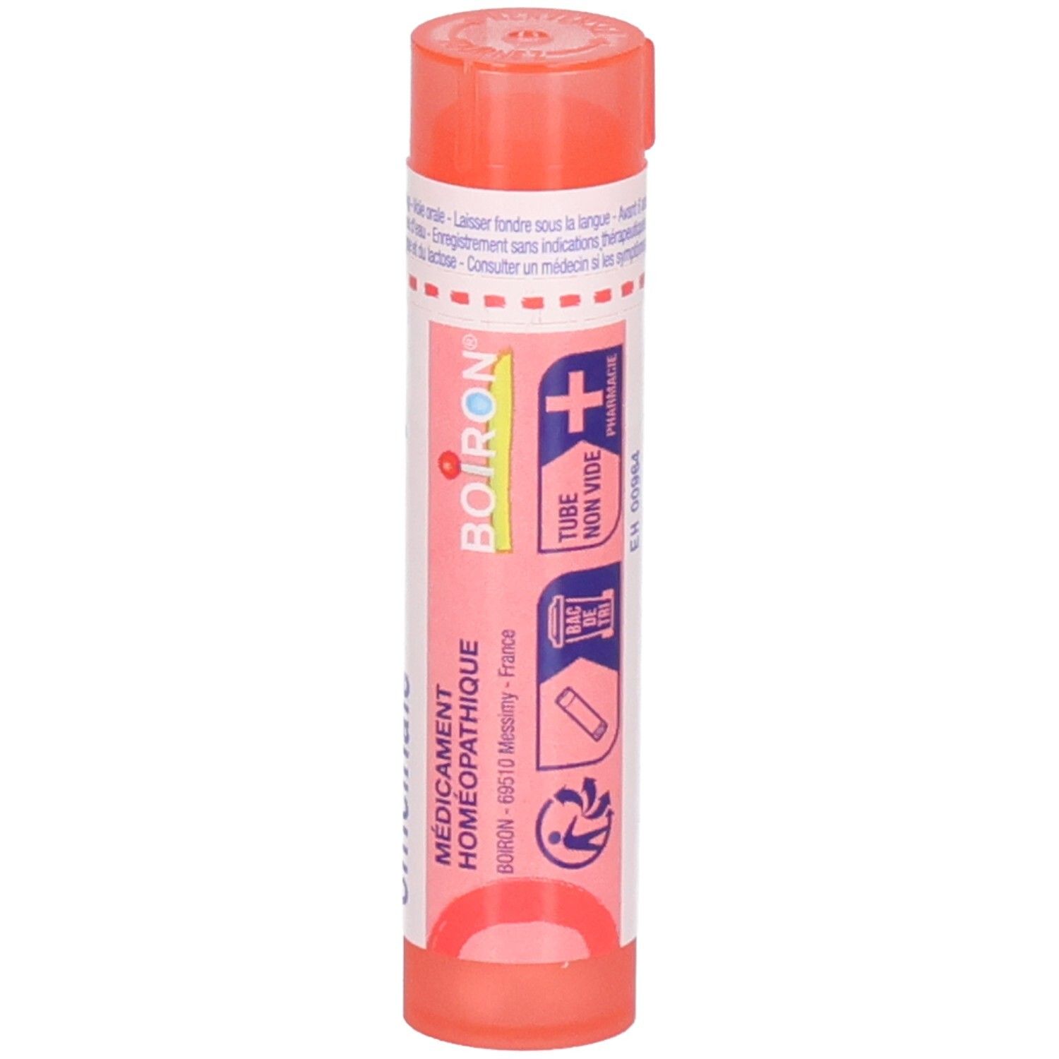 Tube orange de granules, étiquette : Boiron, Médicament Homéopathique.