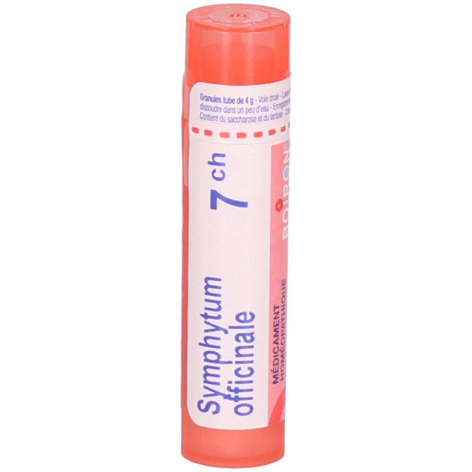 Tube orange de granules, étiquette : Symphytum officinale 7 ch, Boiron.