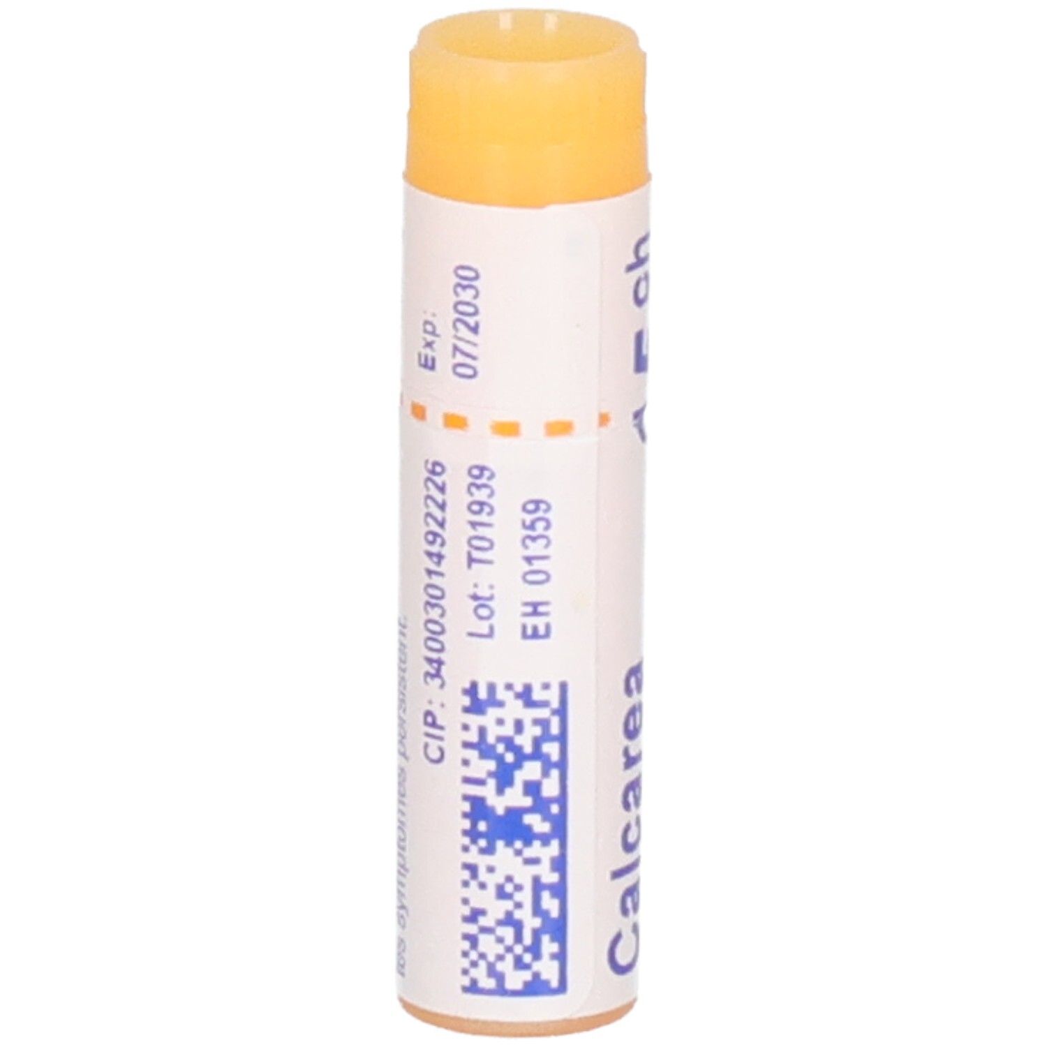 Arrière d'un tube de Calcarea fluorica 15 CH, avec numéro de lot et date d'expiration.