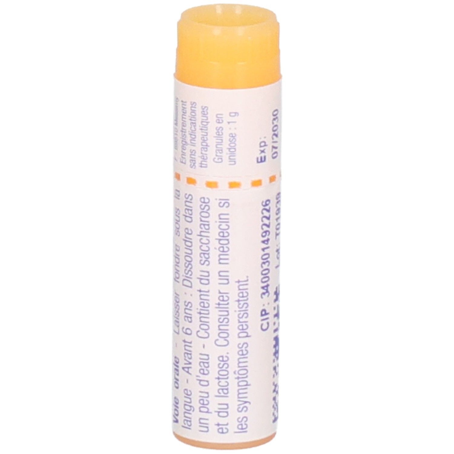 Arrière d'un tube de Calcarea fluorica 15 CH, avec instructions d'utilisation.