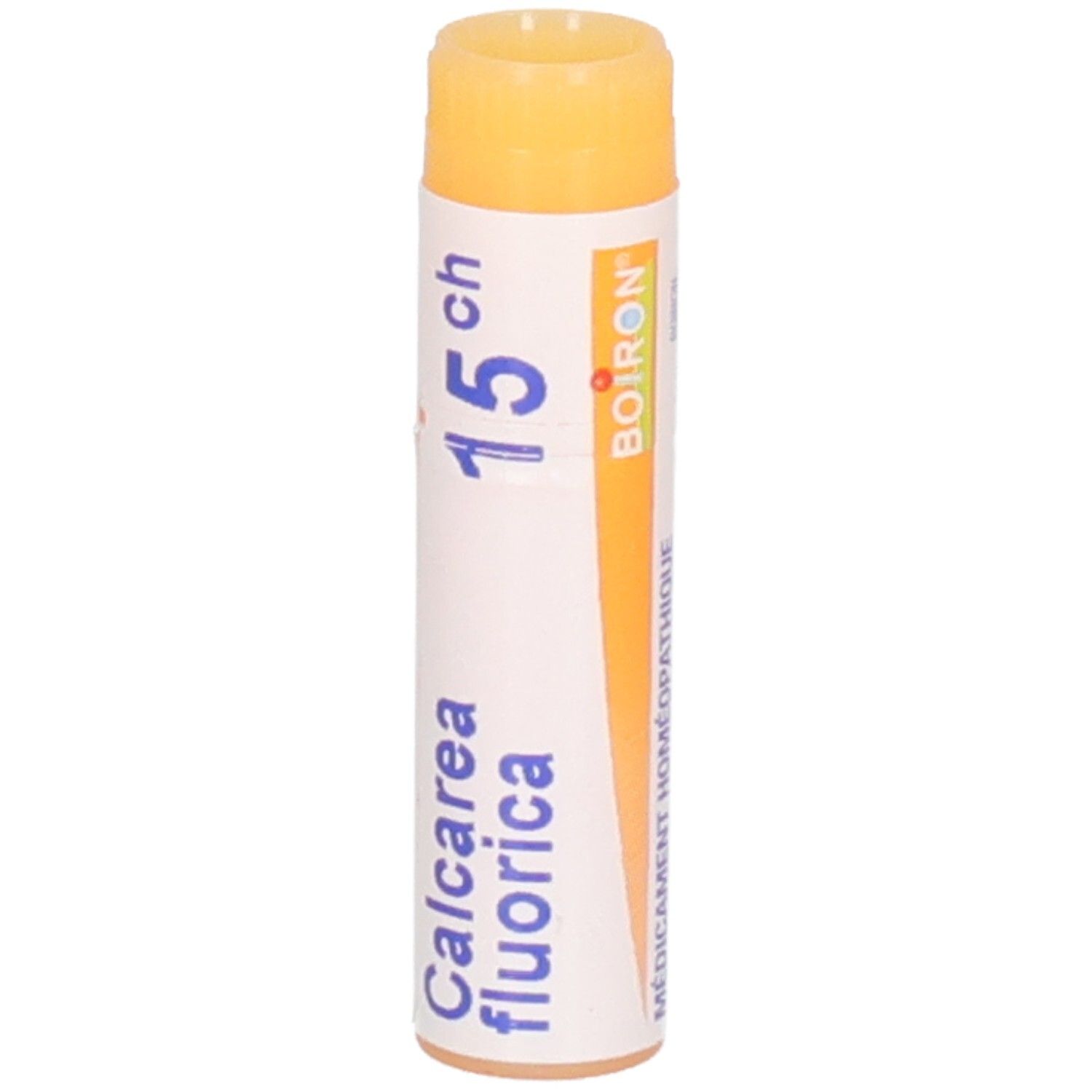 Médicament homéopathique Calcarea fluorica 15 CH de Boiron, avec étiquetage.