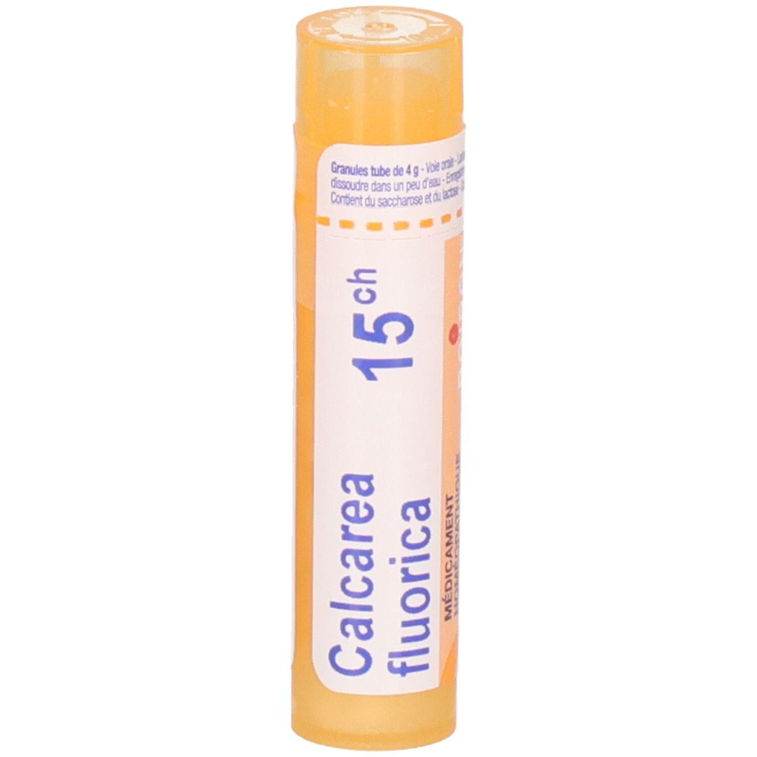 Tube de granules Boiron Calcarea fluorica 15ch. Flacon orange avec étiquette blanche.