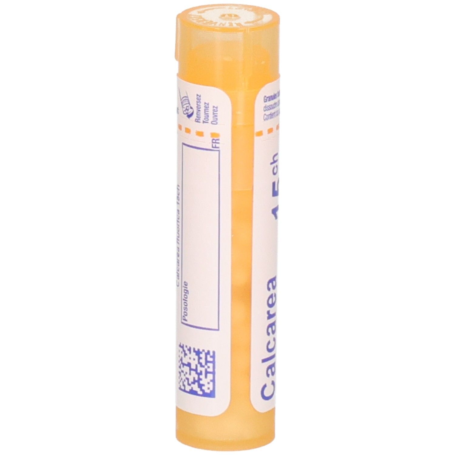 Arrière d'un tube de granules Boiron Calcarea fluorica 15ch avec étiquette et code-barres.