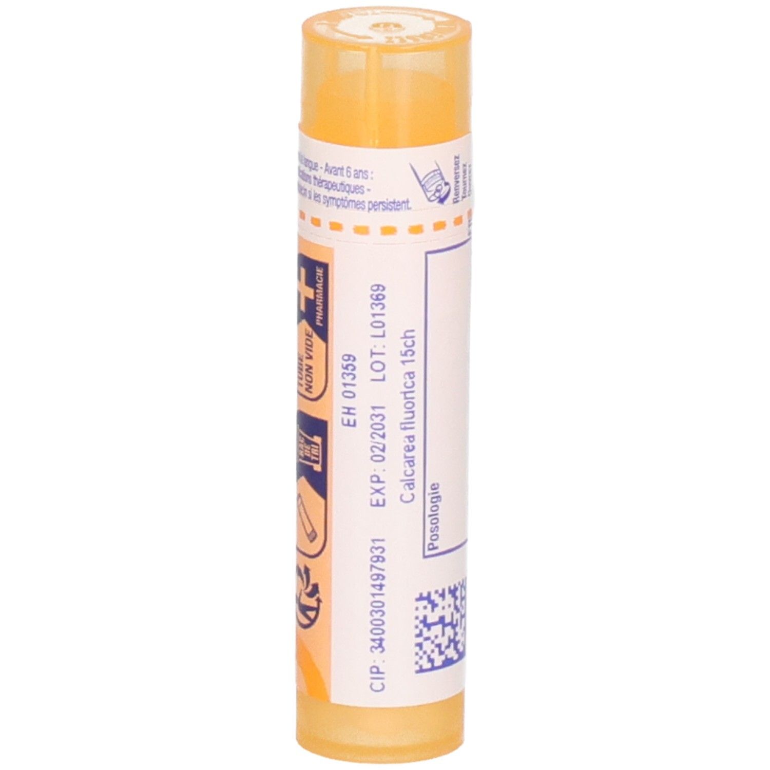 Tube de granules Boiron Calcarea fluorica 15ch avec date d'expiration et numéro de lot.