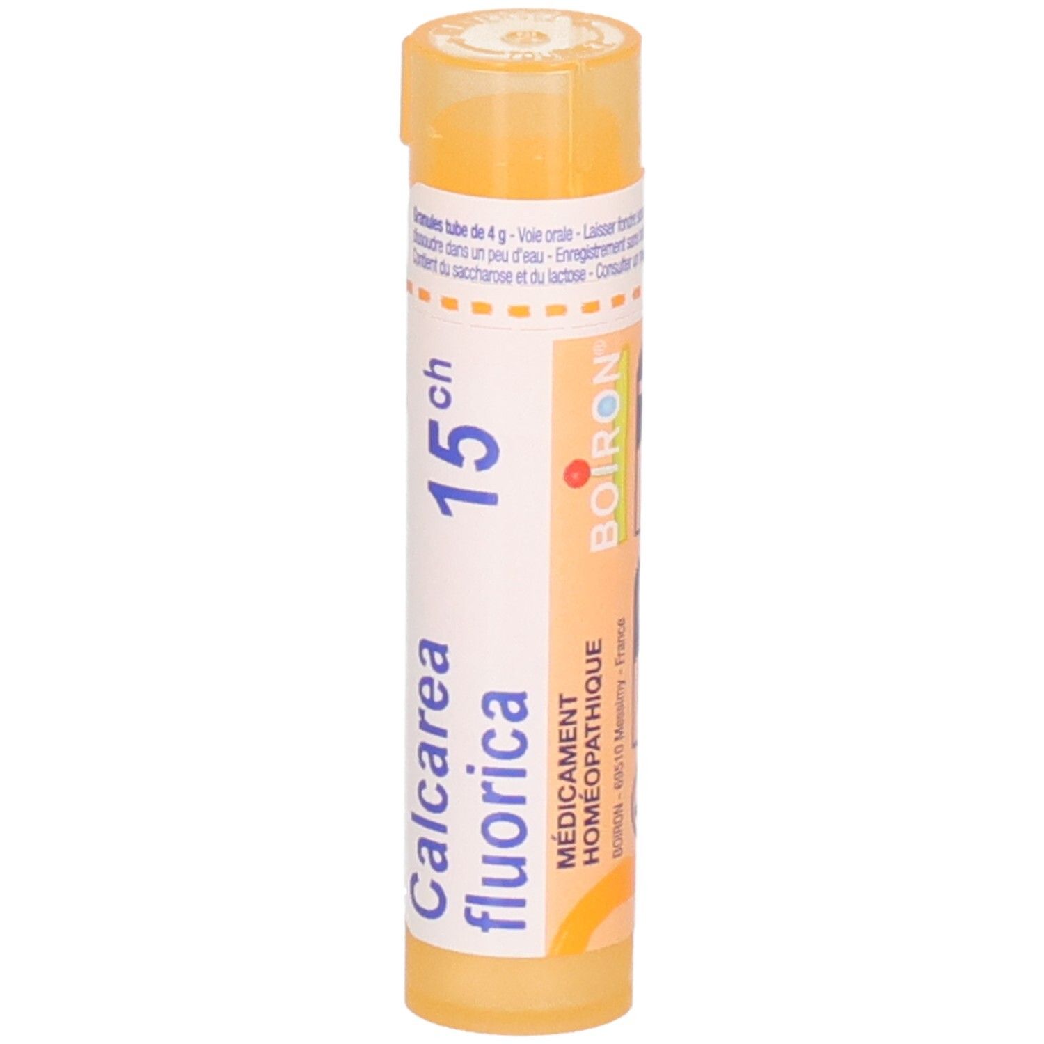 Tube de granules Boiron Calcarea fluorica 15ch. Flacon orange avec étiquette blanche et logo Boiron.