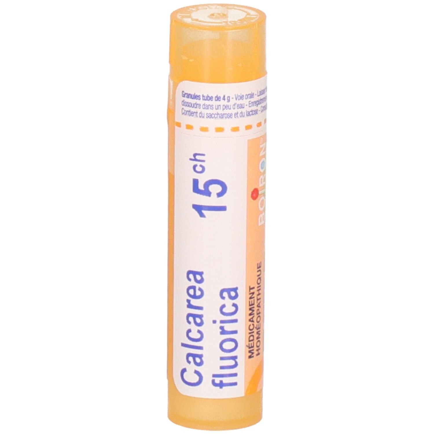 Tube de granules Boiron Calcarea fluorica 15ch. Flacon orange avec étiquette blanche et logo Boiron.