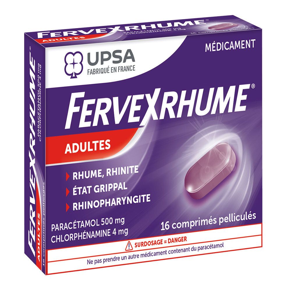 Boîte de Fervex Rhume Adultes. Emballage violet avec nom et logo du produit. Contient 16 comprimés pelliculés. Indications sur la boîte.