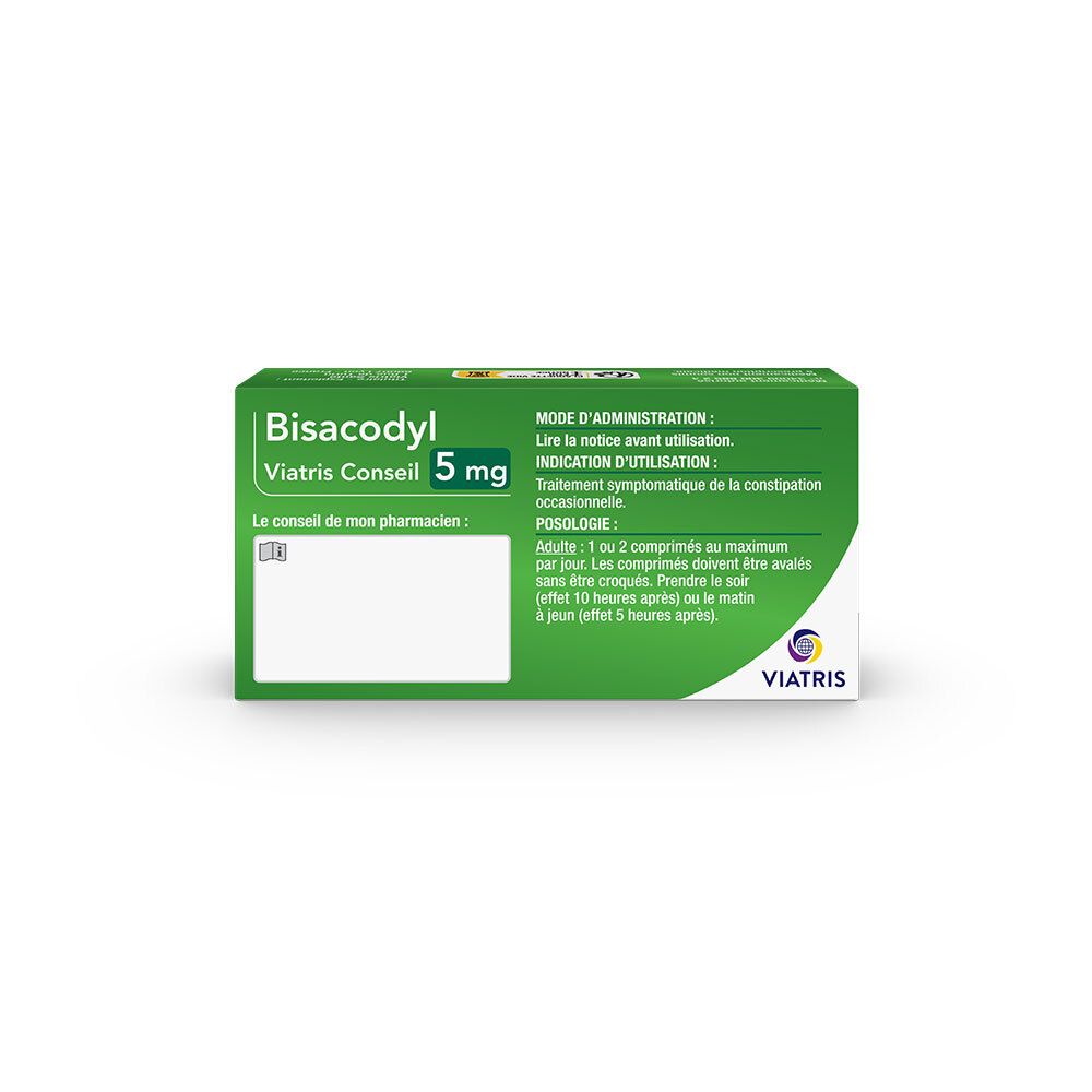 Dos de la boîte verte BISACODYL VIATRIS CONSEIL 5 mg. Instructions d'utilisation et posologie. Logo Viatris.