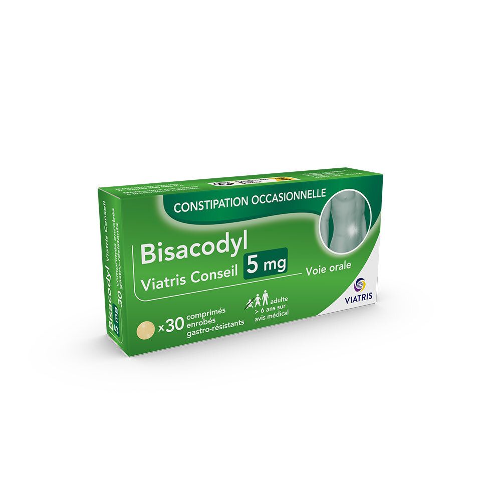 Boîte verte de BISACODYL VIATRIS CONSEIL 5 mg comprimés. 30 comprimés enrobés gastro-résistants. Pour adultes et enfants +6 ans.