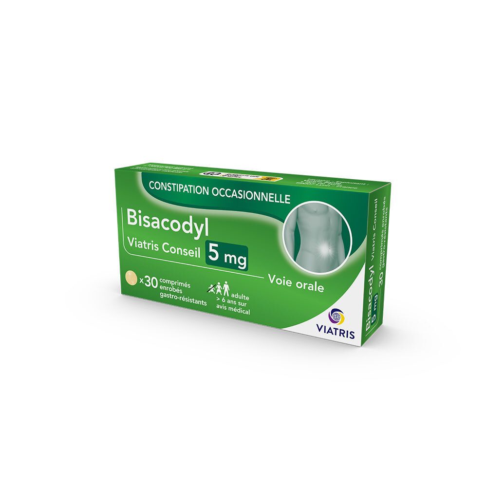 Boîte verte de BISACODYL VIATRIS CONSEIL 5 mg comprimés. 30 comprimés enrobés gastro-résistants. Pour adultes et enfants +6 ans.