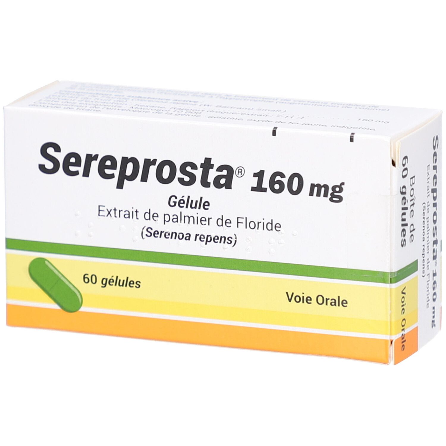 Boîte de Sereprosta 160 mg. Inscription: 60 gélules, Voie Orale. Capsule verdâtre représentée.