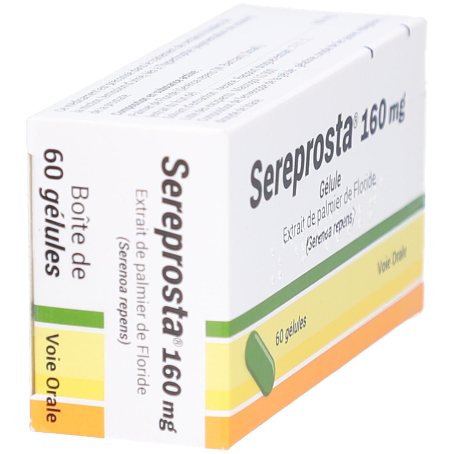Boîte de Sereprosta 160 mg. Inscription: 60 gélules, Voie Orale. Capsule verdâtre. Boîte en biais.