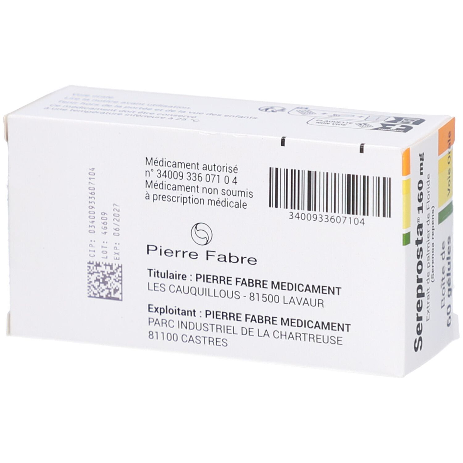 Dos de la boîte Sereprosta 160 mg. Contient des informations et un code-barres. Fabricant: Pierre Fabre.