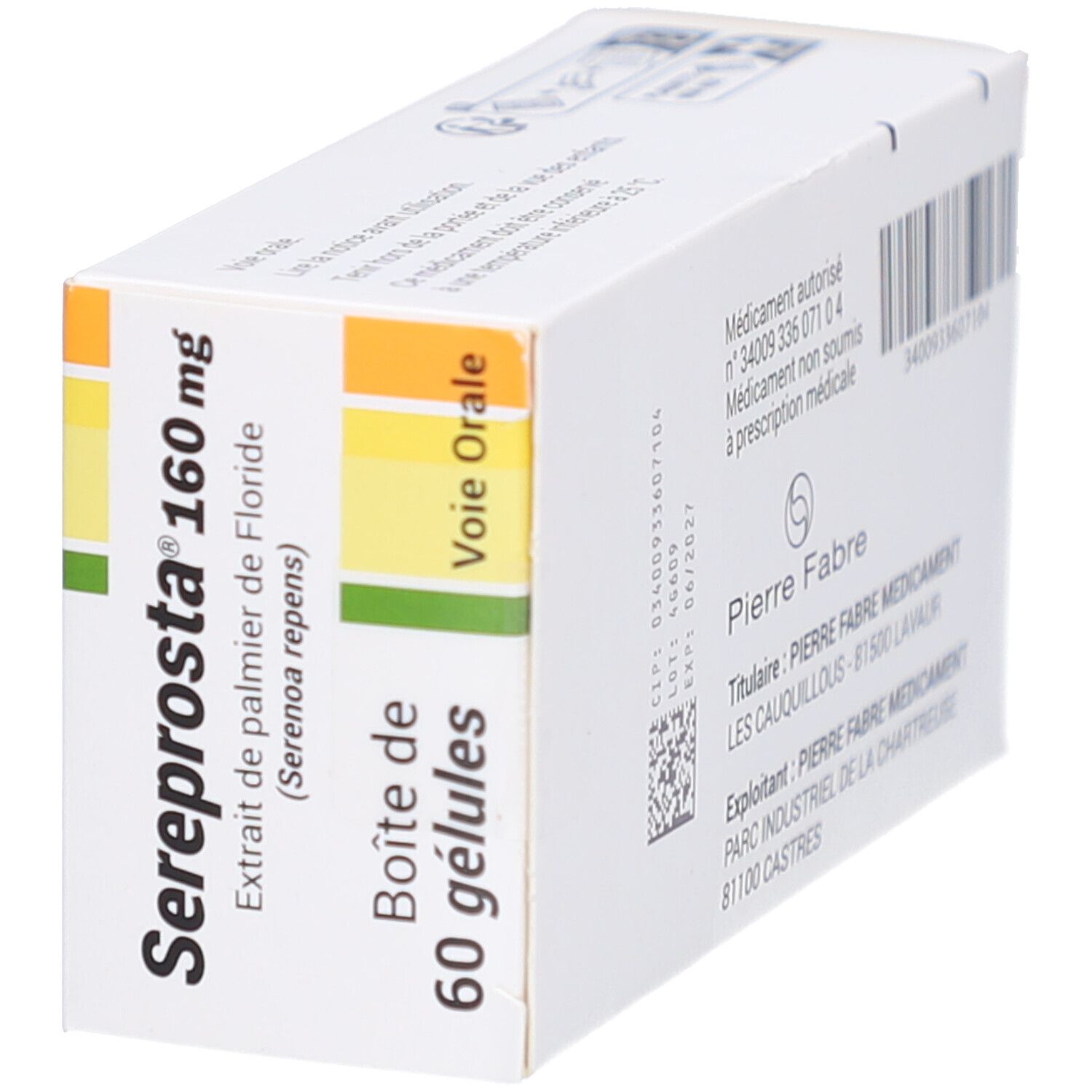 Boîte Sereprosta 160 mg. Inscription: 60 gélules, Voie Orale. Dos avec informations. Boîte en biais.