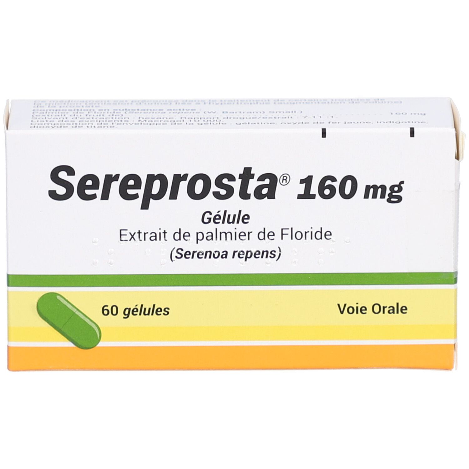 Boîte de Sereprosta 160 mg. Inscription: 60 gélules, Voie Orale. Capsule verdâtre représentée.