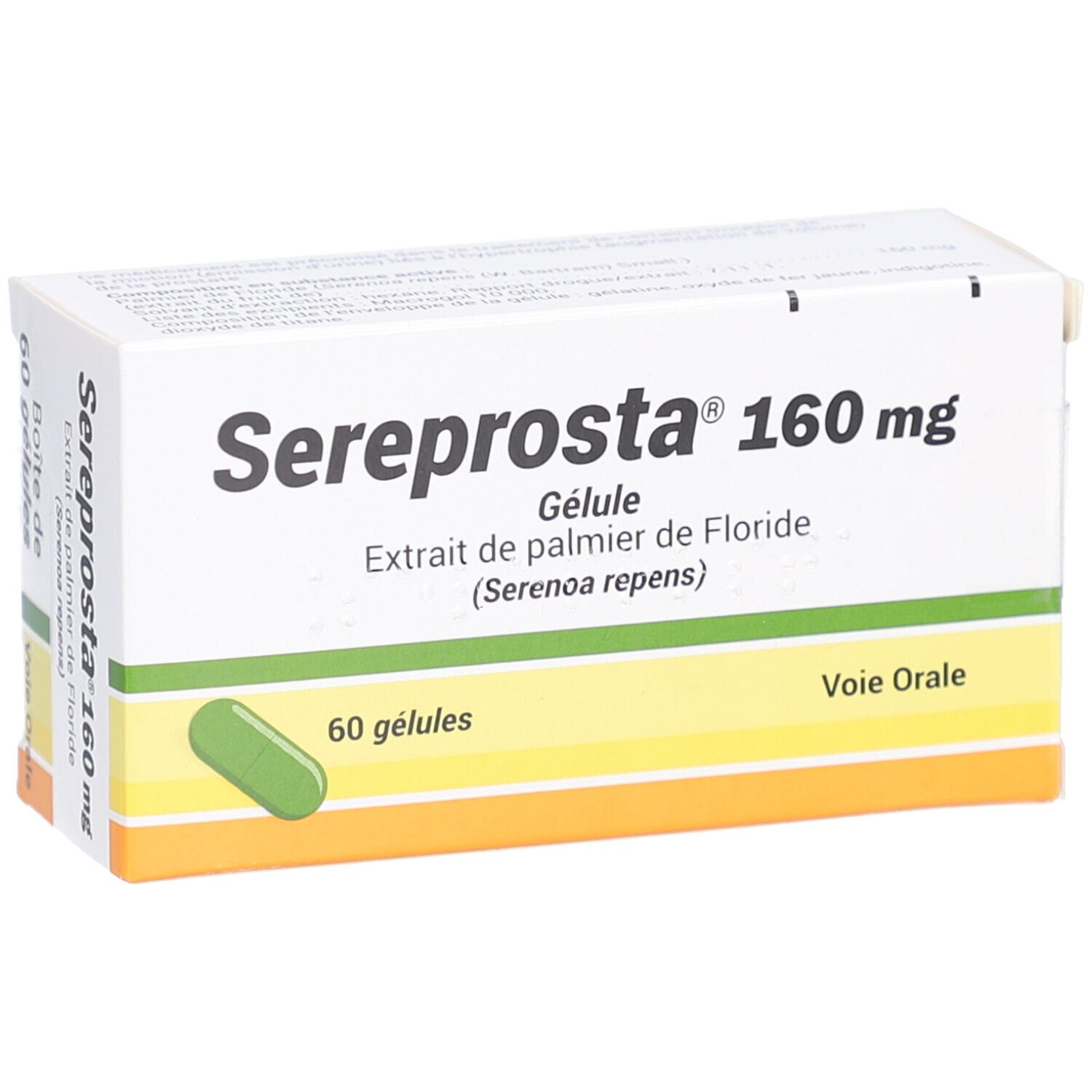 Boîte de Sereprosta 160 mg. Inscription: 60 gélules, Voie Orale. Capsule verdâtre représentée.