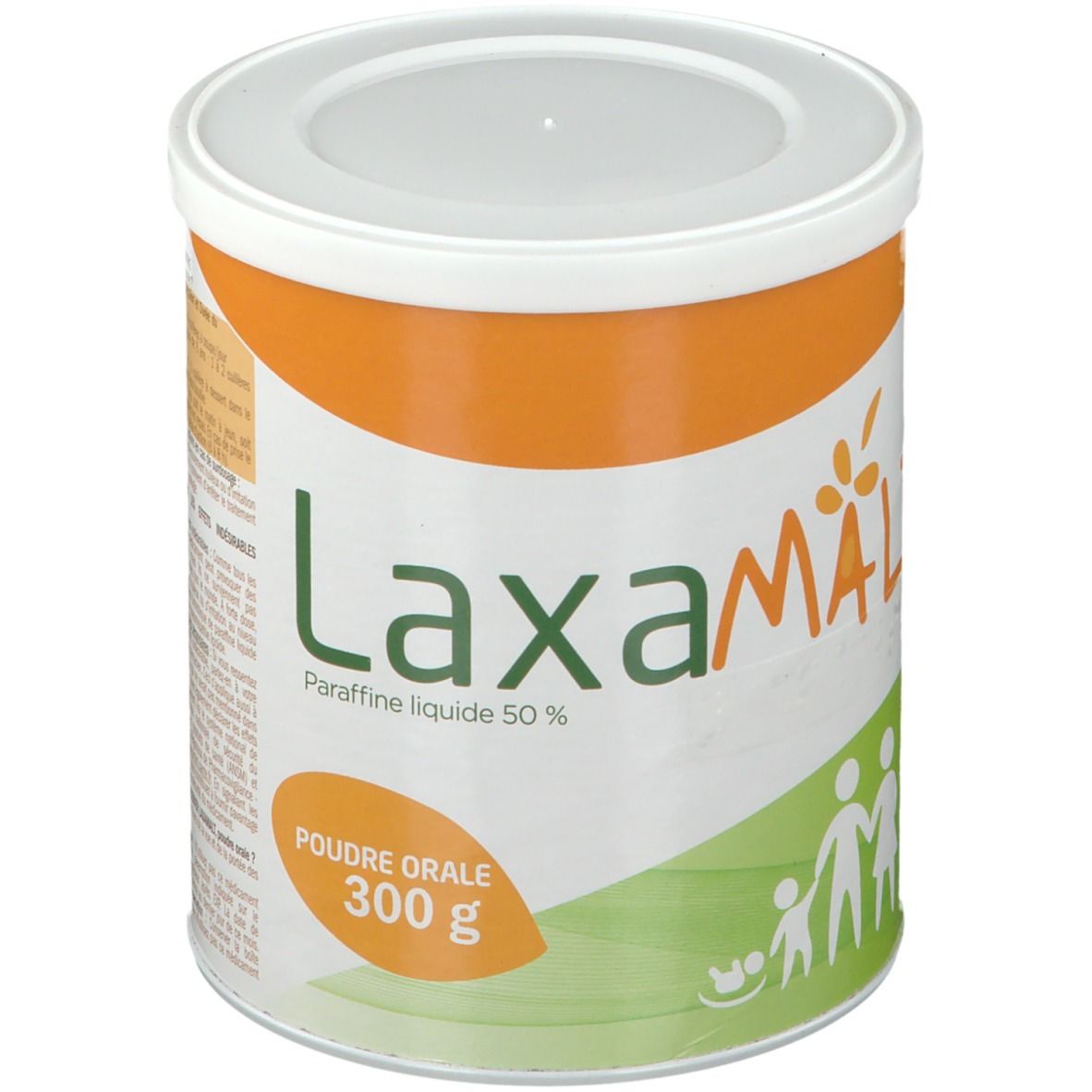 Boîte blanche et orange LAXAMALT Poudre orale. Inscription: Paraffine liquide 50%, Poudre orale 300 g. Silhouette familiale.