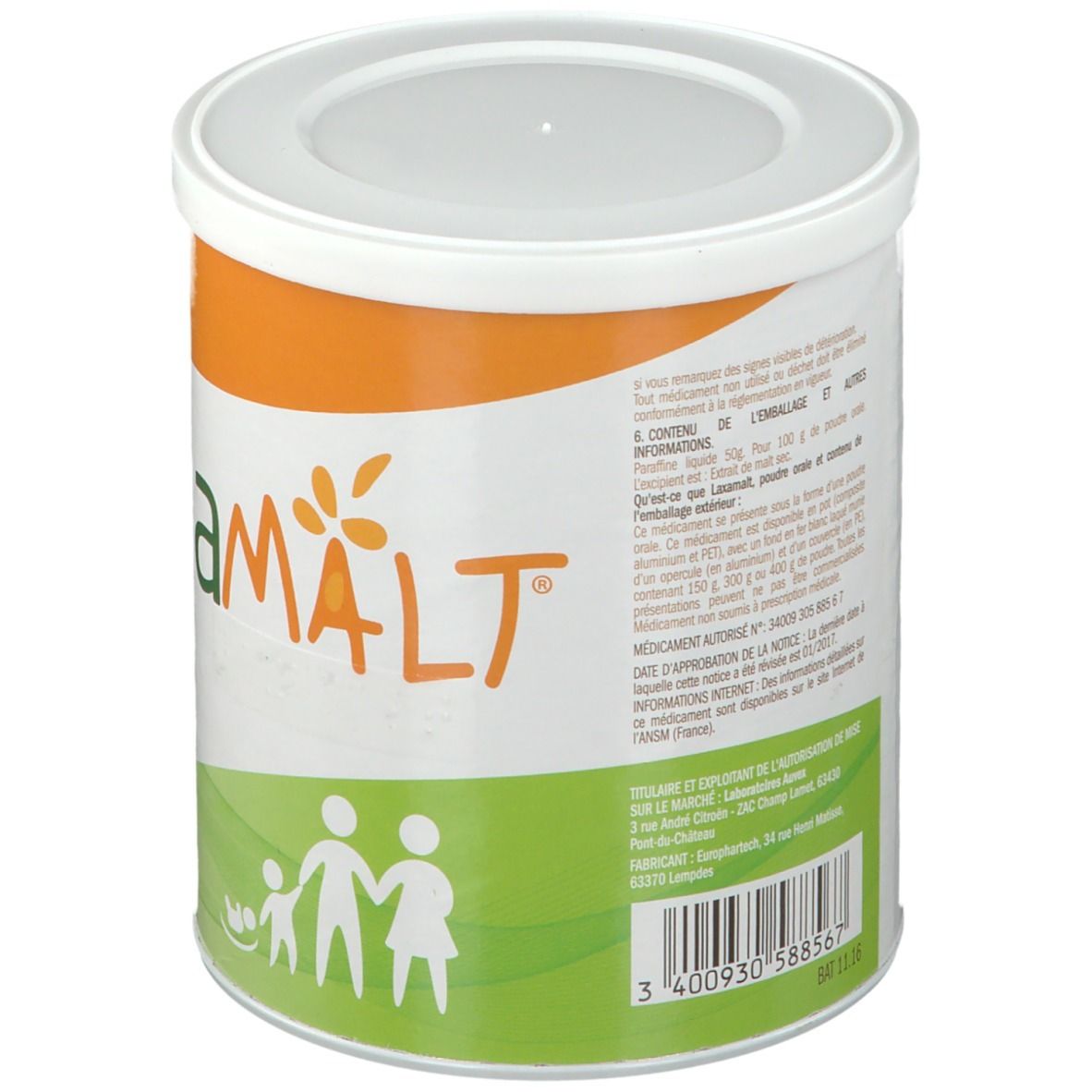 Dos de la boîte LAXAMALT Poudre orale. Texte en français. Code-barres et silhouette familiale.