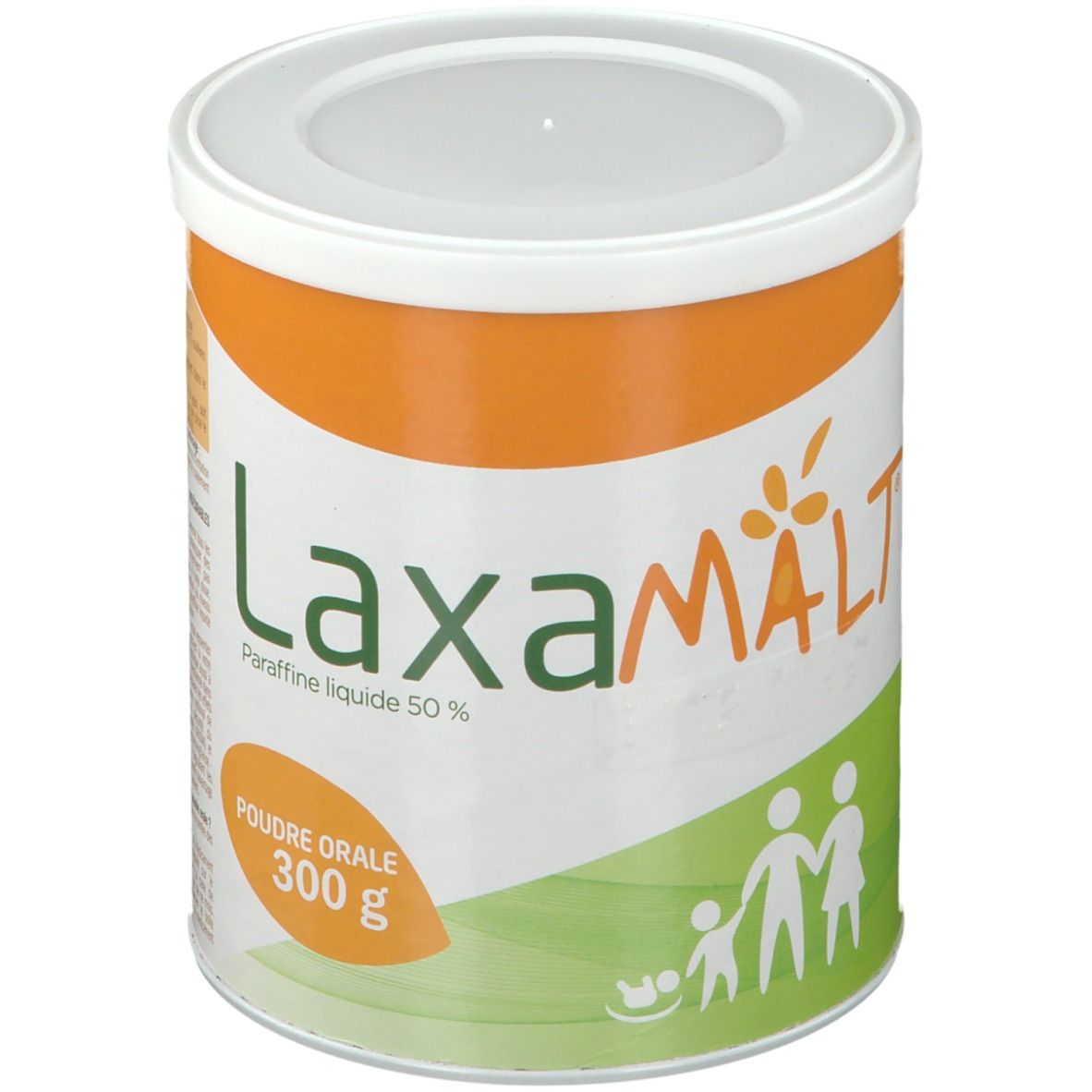 Boîte blanche et orange LAXAMALT Poudre orale. Inscription: Paraffine liquide 50%, Poudre orale 300 g. Silhouette familiale.