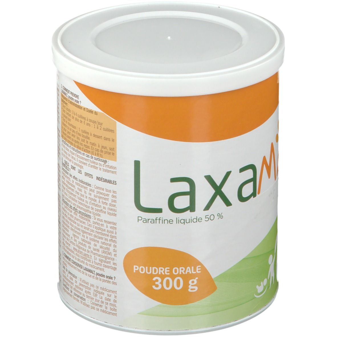 Boîte blanche et orange LAXAMALT Poudre orale. Inscription: Paraffine liquide 50%, Poudre orale 300 g. Texte en français.