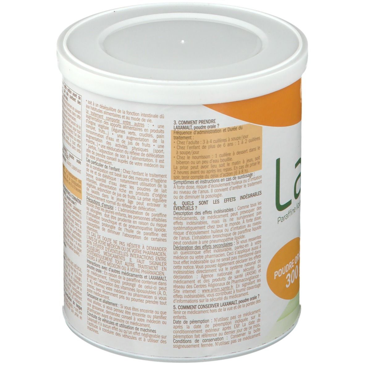 Dos de la boîte LAXAMALT Poudre orale. Texte en français. Informations d'utilisation et de stockage.