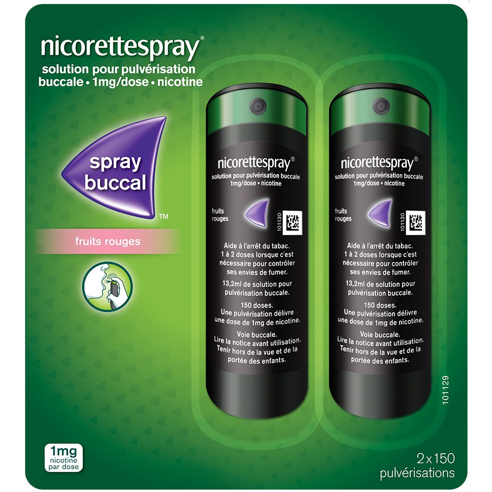 Deux flacons de spray à capuchon vert. Inscription: nicorettespray, Spray buccal, 1mg/dose. Emballage avec fruit rouge.