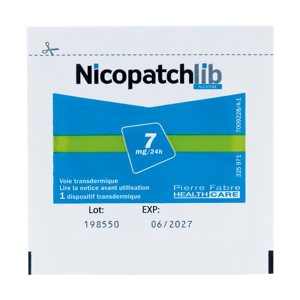 Emballage Nicopatchlib 7 mg/24 h. Contient un dispositif transdermique. Texte : 1 dispositif transdermique, Lot, EXP.