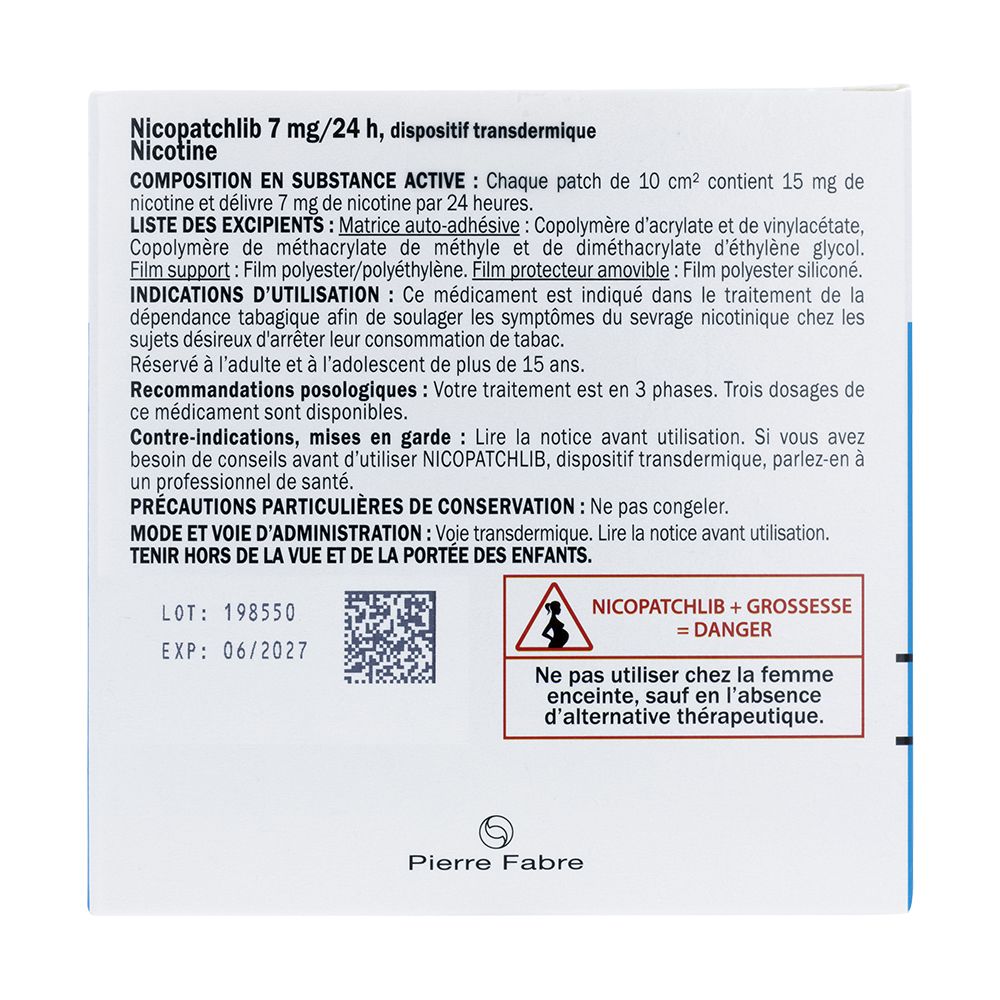 Emballage blanc avec texte. Informations sur Nicopatchlib 7 mg/24 h, ingrédients, utilisation et avertissements.