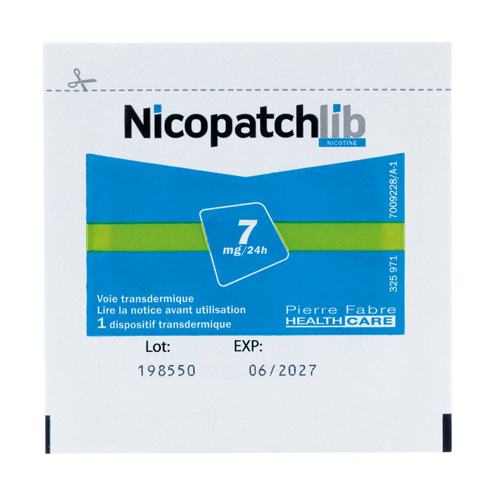 Patch Nicopatchlib individuel dans un emballage blanc. 7 mg/24 h. Avec impressions et symbole ciseaux.