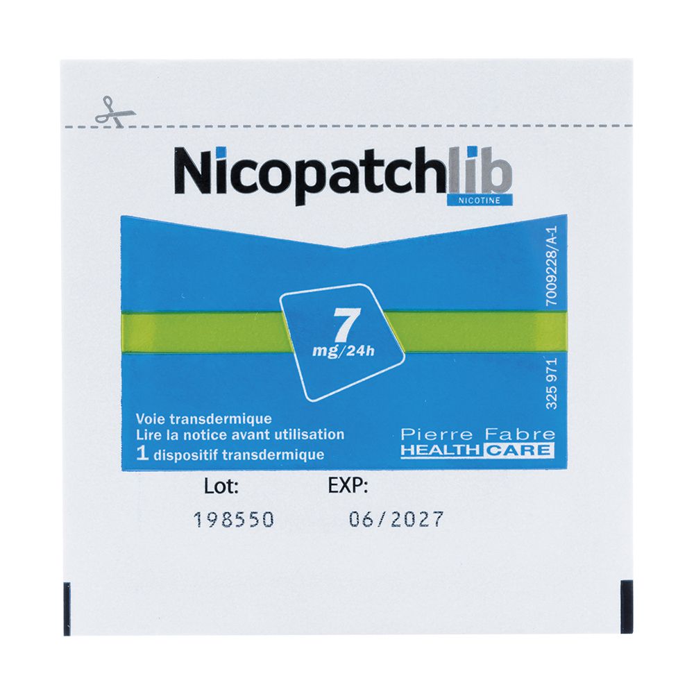 Emballage individuel Nicopatchlib. Contient un patch transdermique. Avec dosage et date d'expiration.