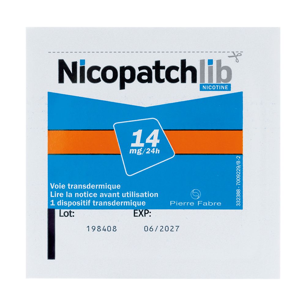 Patch Nicopatchlib individuel. Inscription : 14 mg/24 h. Emballage avec informations et date de péremption.
